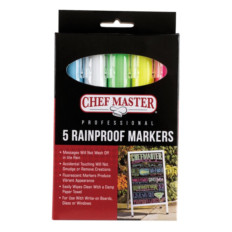 Chef-Master أقلام ماركر مقاومة للماء Chef-Master 90032 | 5 ألوان زاهية مختلفة | آمنة للاستخدام على لافتات قوائم الطعام الخارجية | أقلام ماركر مقاومة للبقع والمطر | تنظف بسهولة بقطعة قماش مبللة - Image 1